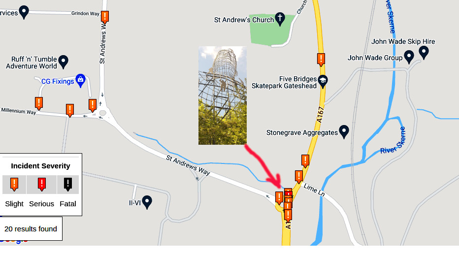 Crash map showing accidents near the big head sculpture at Newton Aycliffe