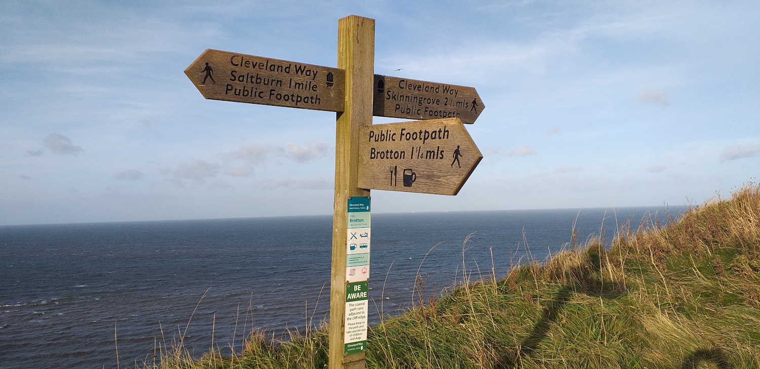 Cleveland Way Marker Post Showing a Detour to Brotton