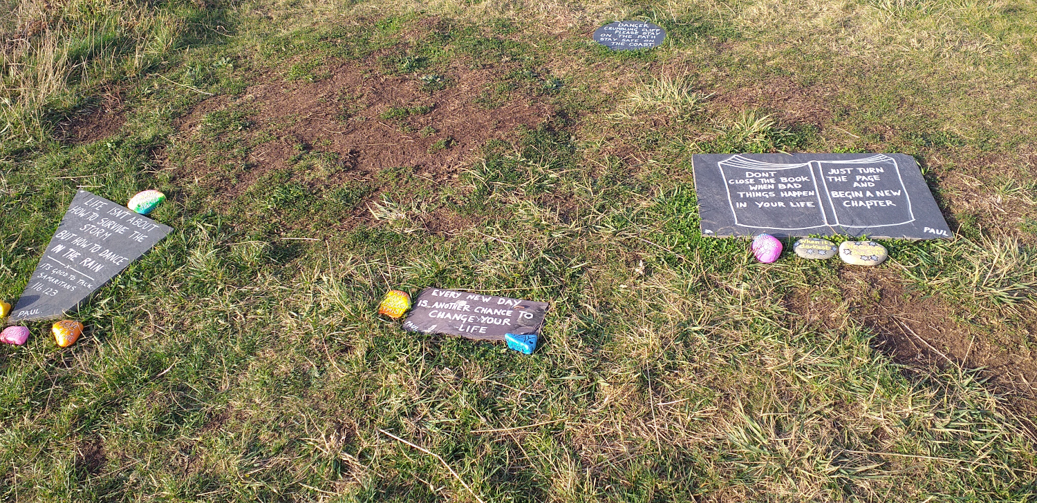Messages of Hope (to prevent suicides?) laid on the ground on the cliffs near Saltburn-by-the-Sea