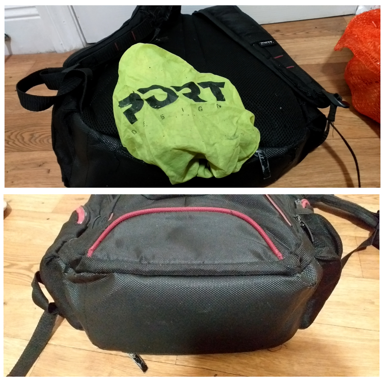 Port Designs Courcheval backpack showing waterproof bottom and rain cover.